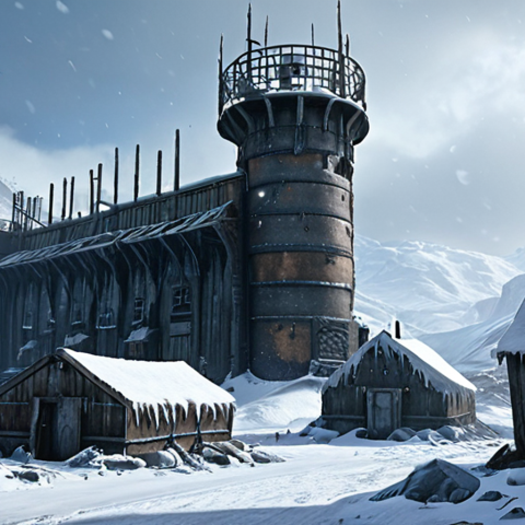 **

*   Prompt: Frozen wasteland settlement. Resource production buildings, defensive walls, watchtowers. Blizzard conditions, harsh environment.

**