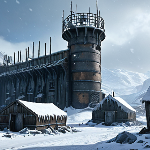 Home 4 **
* Prompt: Frozen wasteland settlement. Resource production buildings, defensive walls, watchtowers. Blizzard conditions, harsh environment.
**