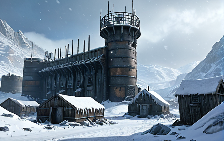 **

*   Prompt: Frozen wasteland settlement. Resource production buildings, defensive walls, watchtowers. Blizzard conditions, harsh environment.

**
